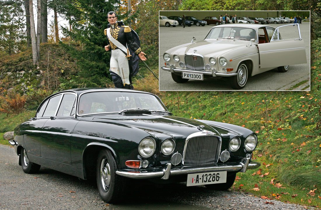 En meget velbevart Jaguar Mark X, solgt ny i Norge. Innfelt en like velholdt Jaguar 420 G – merk forskjellen i grillen og forkrommet pyntelist langs siden.